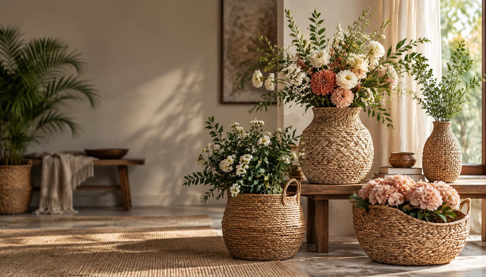 Flower arrangements in handwoven natural-fiber baskets and vases